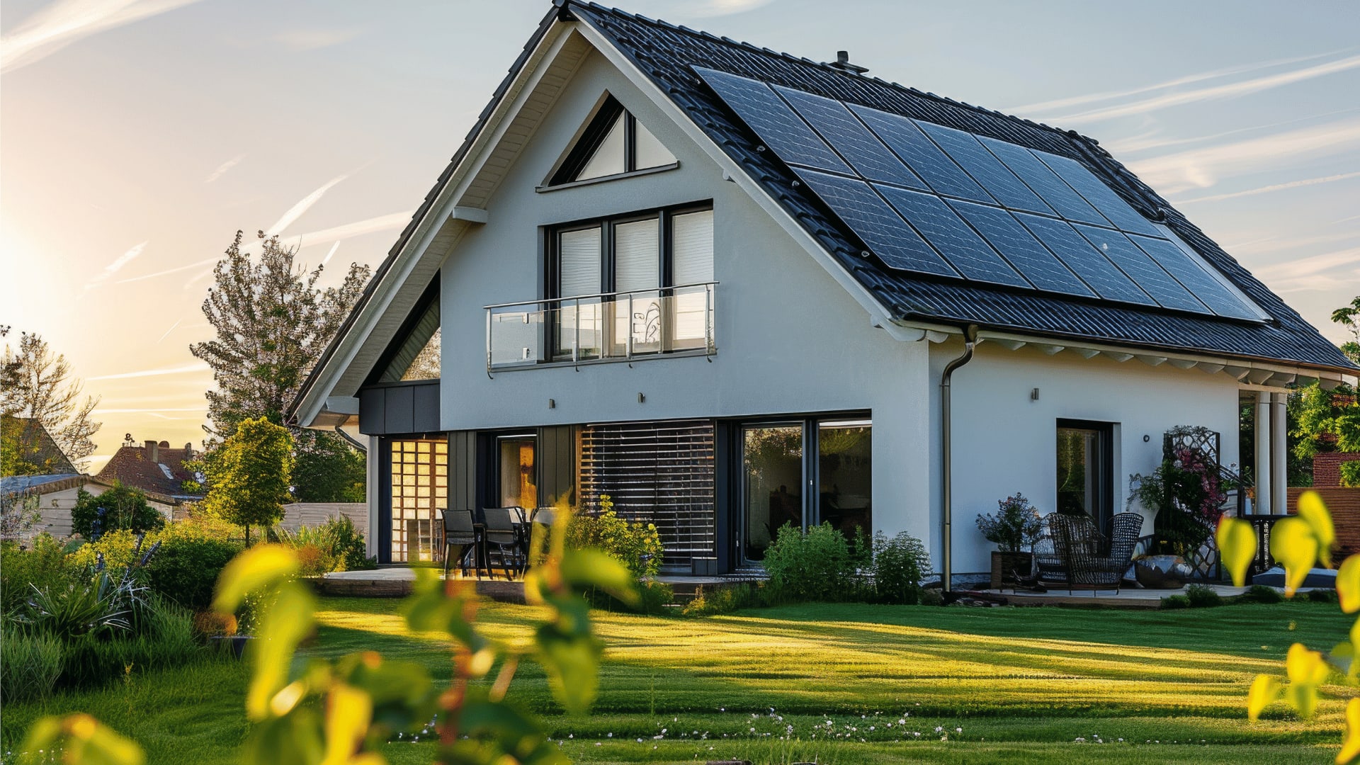 Einfamileinhaus mit PV-Anlage auf dem Dach.