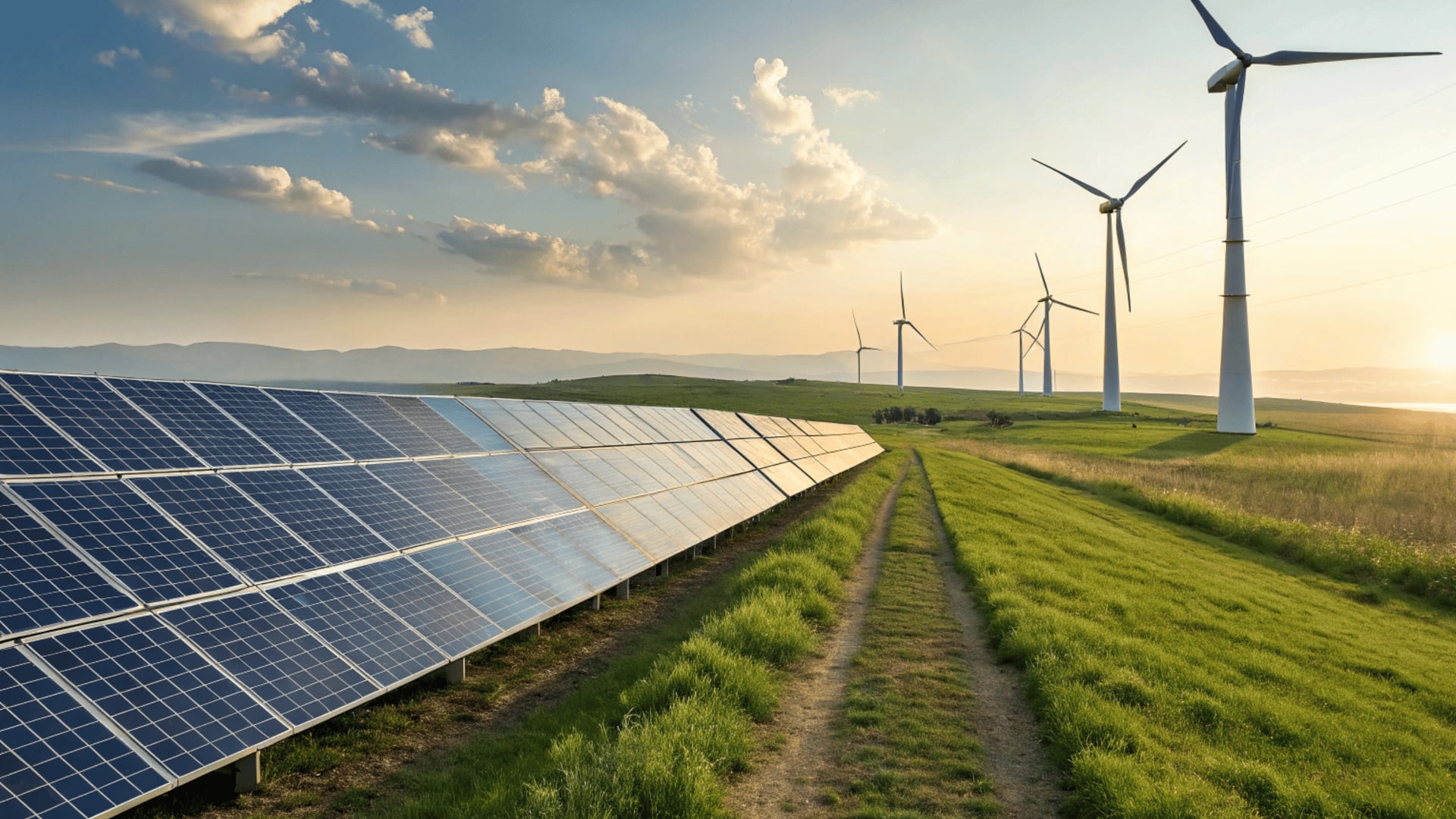 Windräder und Photovoltaikanlage in grüner Landschaft.