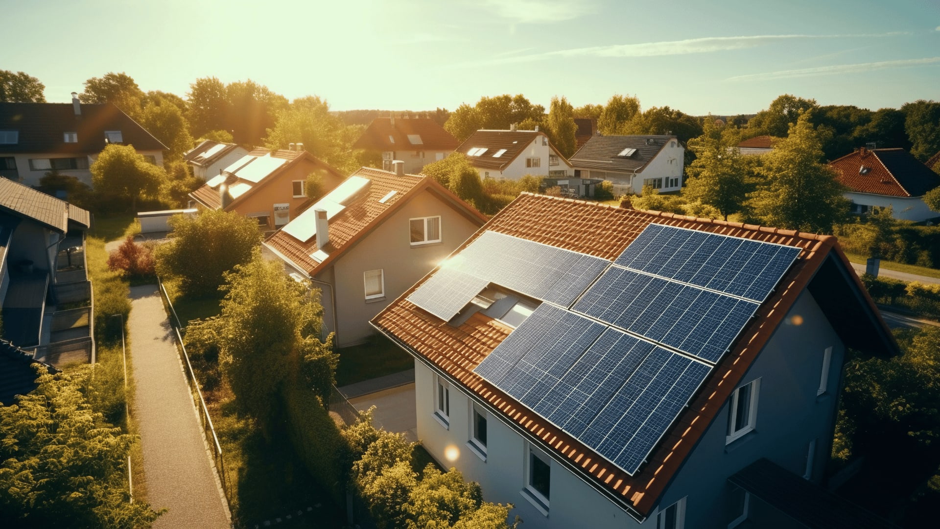 Wohnhäuser mit PV-Anlage auf dem Dach.