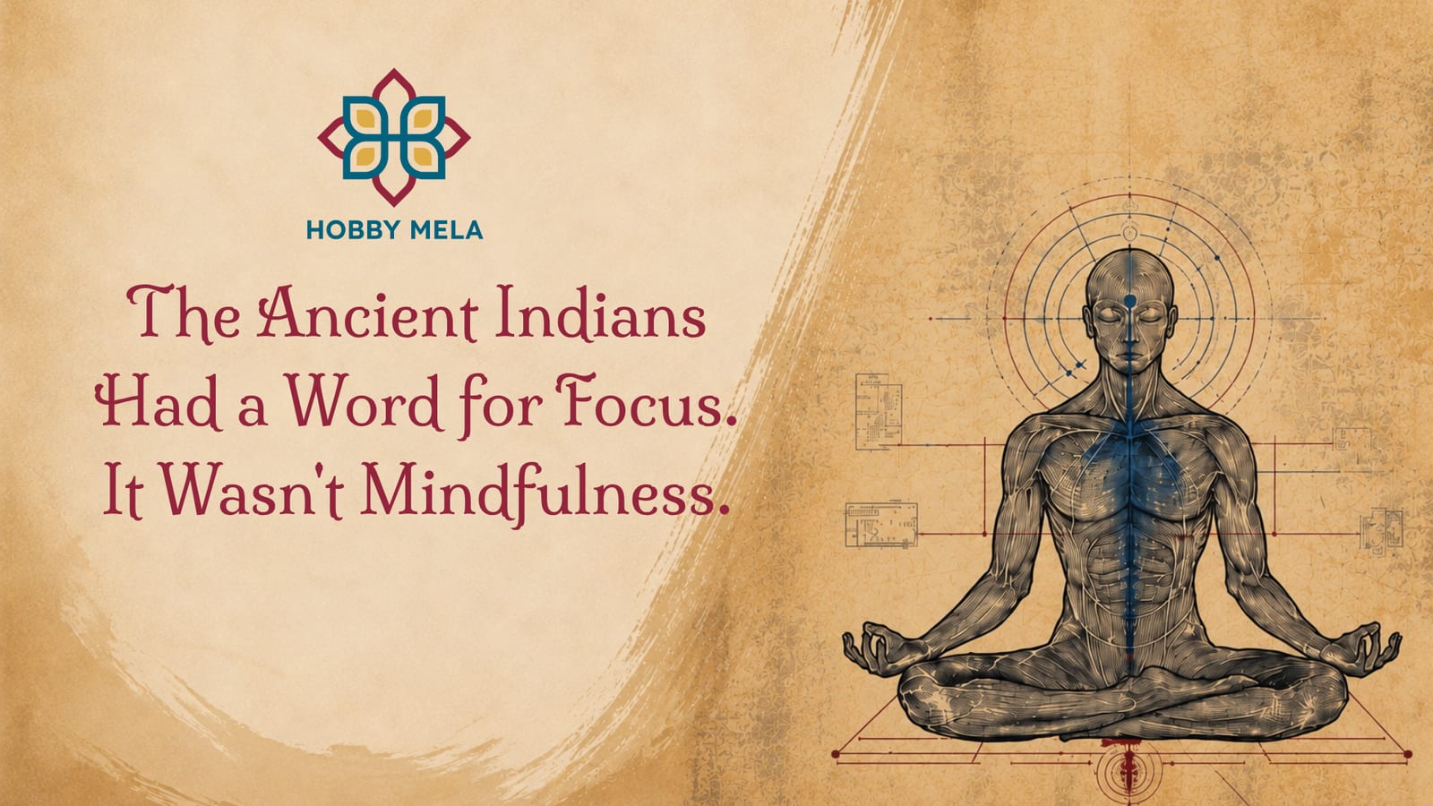 Blog cover graphic by Hobby Mela featuring the title "The Ancient Indians Had a Word for Focus. It Wasn't Mindfulness." against a warm textured background. On the right, two split panels show a statue of the ancient sage Maharishi Patanjali sitting in meditation at the top, and a vintage-style anatomical diagram mapping energy channels in a lotus posture at the bottom.