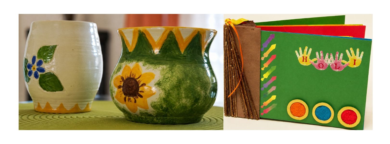 A colorful collection of handmade crafts including painted pottery, a decorated green ceramic vase, a carved wooden panel, and bright textile artwork.