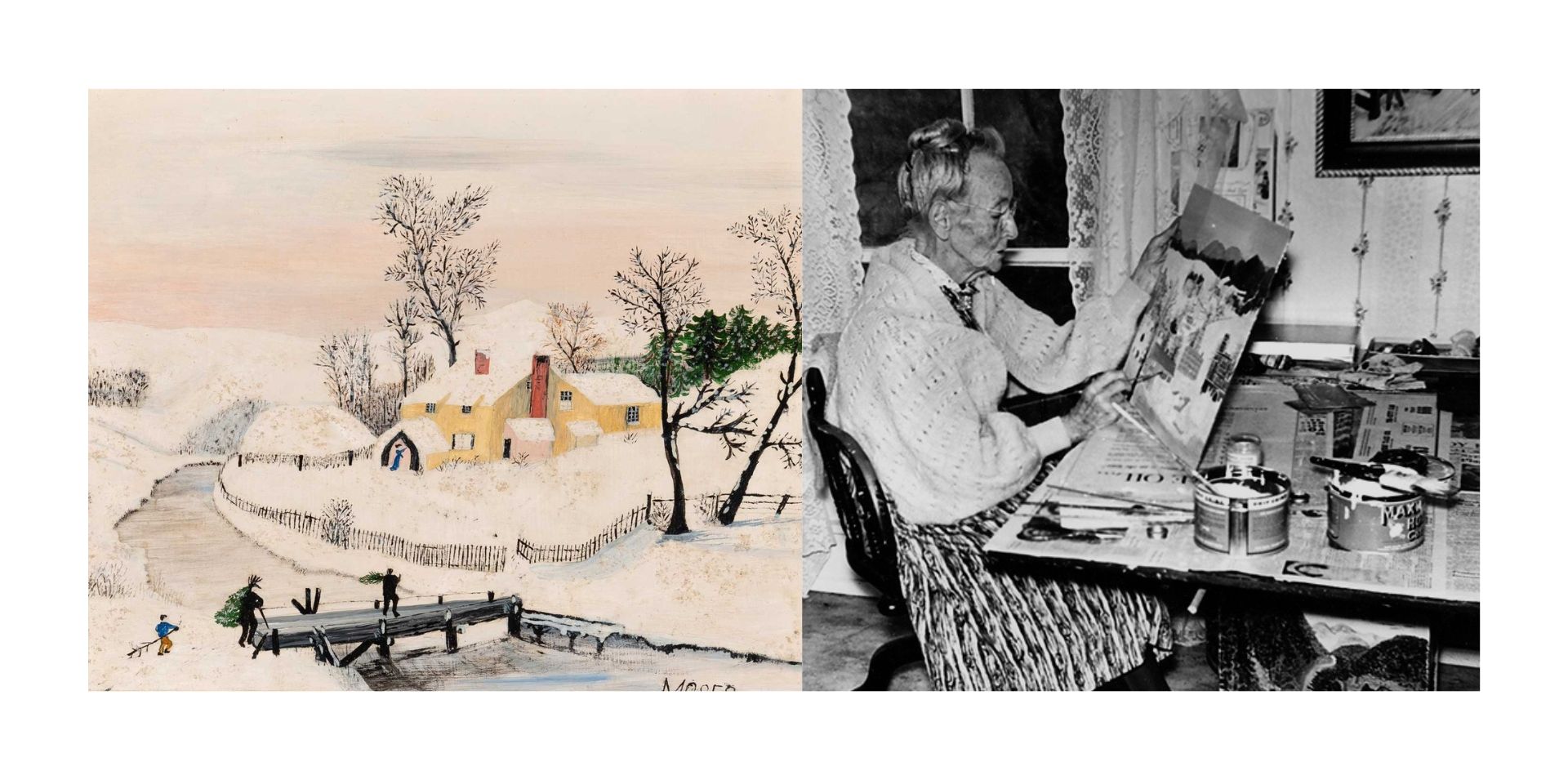 Two images featuring Anna Mary Robertson “Grandma” Moses: a black-and-white photograph of her working in her studio beside one of her rural landscape paintings.