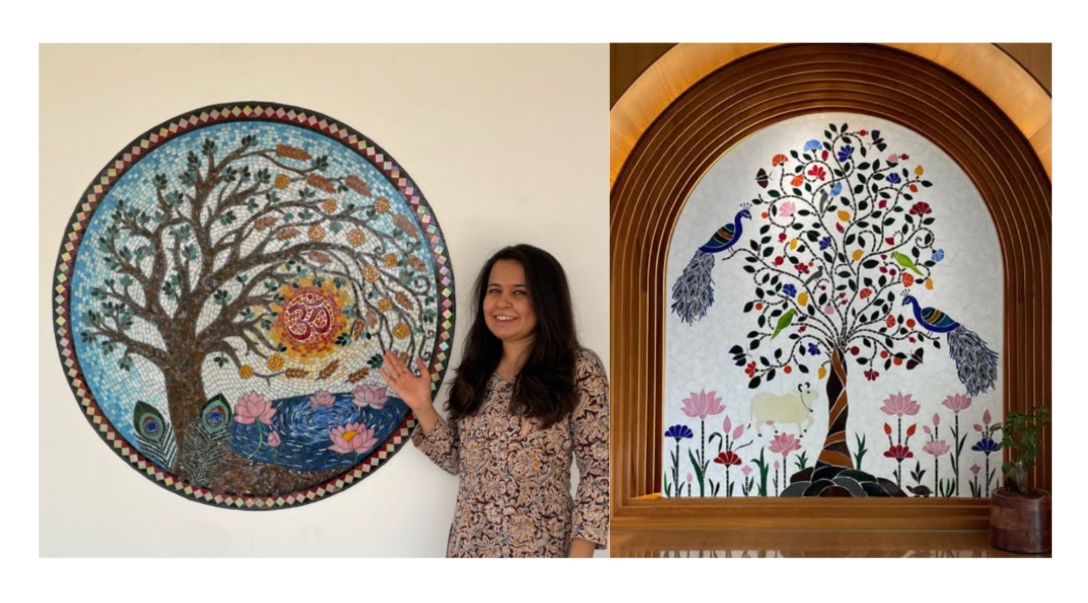Indian mosaic artist Apoorva standing beside her intricate handmade mosaic artworks
