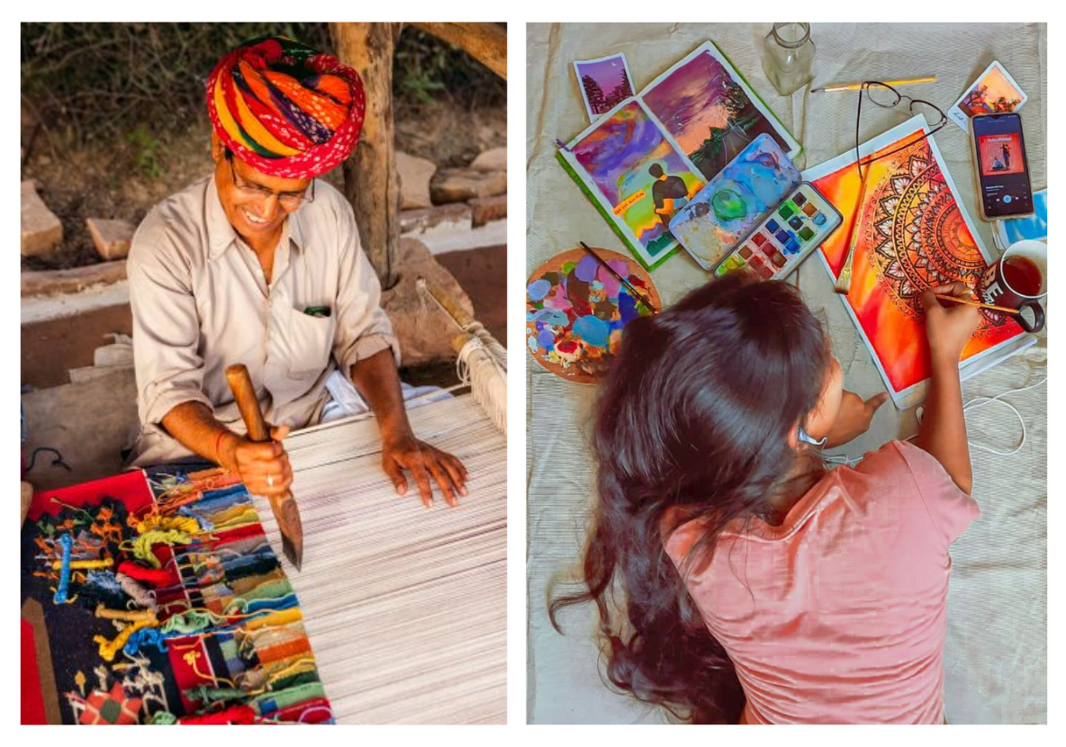 A two-panel image juxtaposing traditional Indian craft making with modern artistic expression. The left panel shows a smiling male artisan in a colorful Rajasthani turban using a wooden comb to beat yarn on a pit loom. The right panel is an overhead shot of a young girl lying on the floor surrounded by water-color paints, painting a vibrant warm-toned mandala artwork.