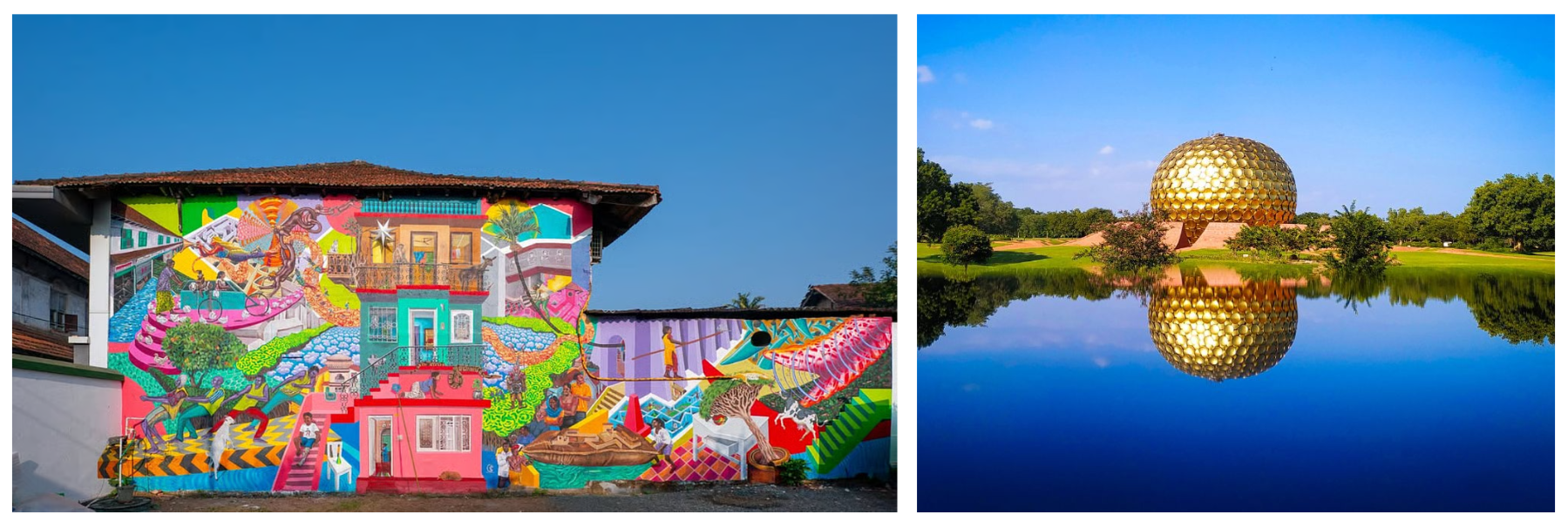 A two-panel image showcasing modern creative expressiveness and spiritual architecture in India. The left panel shows a multi-story building completely covered in a vibrant, multicolored street art mural featuring whimsical characters and architectural motifs. The right panel displays the famous Matrimandir in Auroville—a golden metallic sphere surrounded by green landscapes and reflecting perfectly on the calm blue water below.