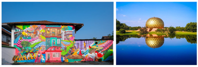 A two-panel image showcasing modern creative expressiveness and spiritual architecture in India. The left panel shows a multi-story building completely covered in a vibrant, multicolored street art mural featuring whimsical characters and architectural motifs. The right panel displays the famous Matrimandir in Auroville—a golden metallic sphere surrounded by green landscapes and reflecting perfectly on the calm blue water below.