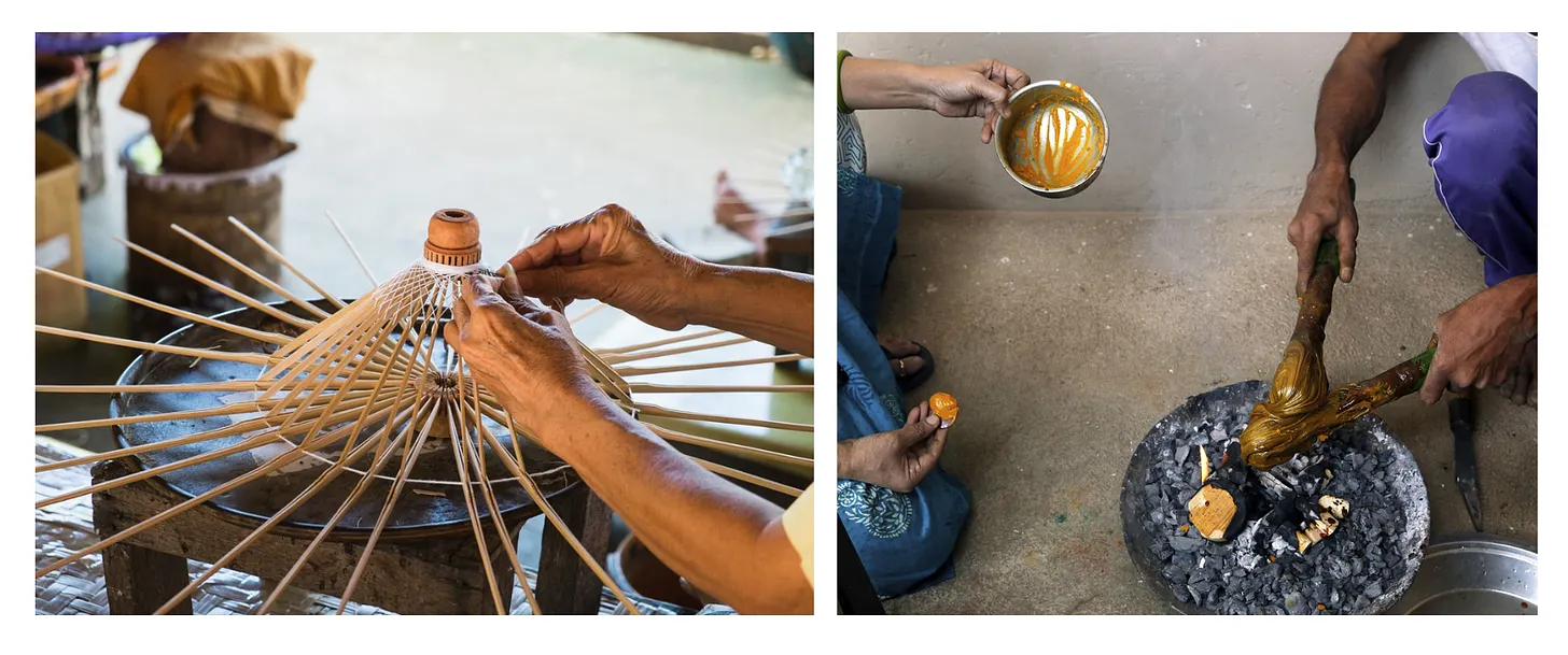 A two-panel image showing handmade craft processes. On the left, an artisan's hands carefully weave white thread around bamboo spokes for an umbrella frame. On the right, artisans heat and mix a thick, golden-yellow lacquer resin over a charcoal fire.