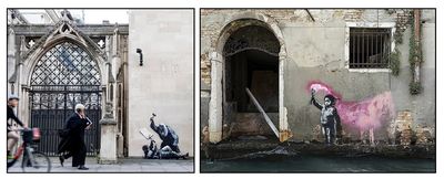 A two-panel photo collage featuring stencil street art by Banksy. The left panel shows a legal stencil near a Gothic archway in London with pedestrians passing by. The right panel shows a young migrant child holding a bright pink flare on a weathered canal wall in Venice.