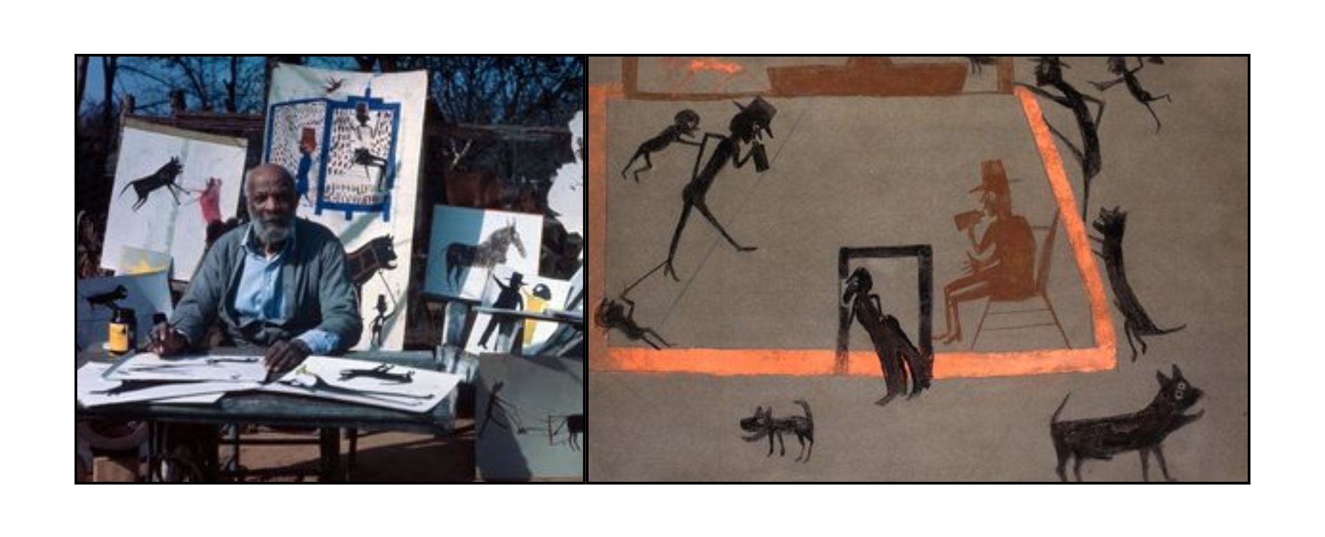 Collage featuring a photograph of Bill Traylor seated with his drawings alongside an example of his expressive artwork depicting simplified human and animal figures.