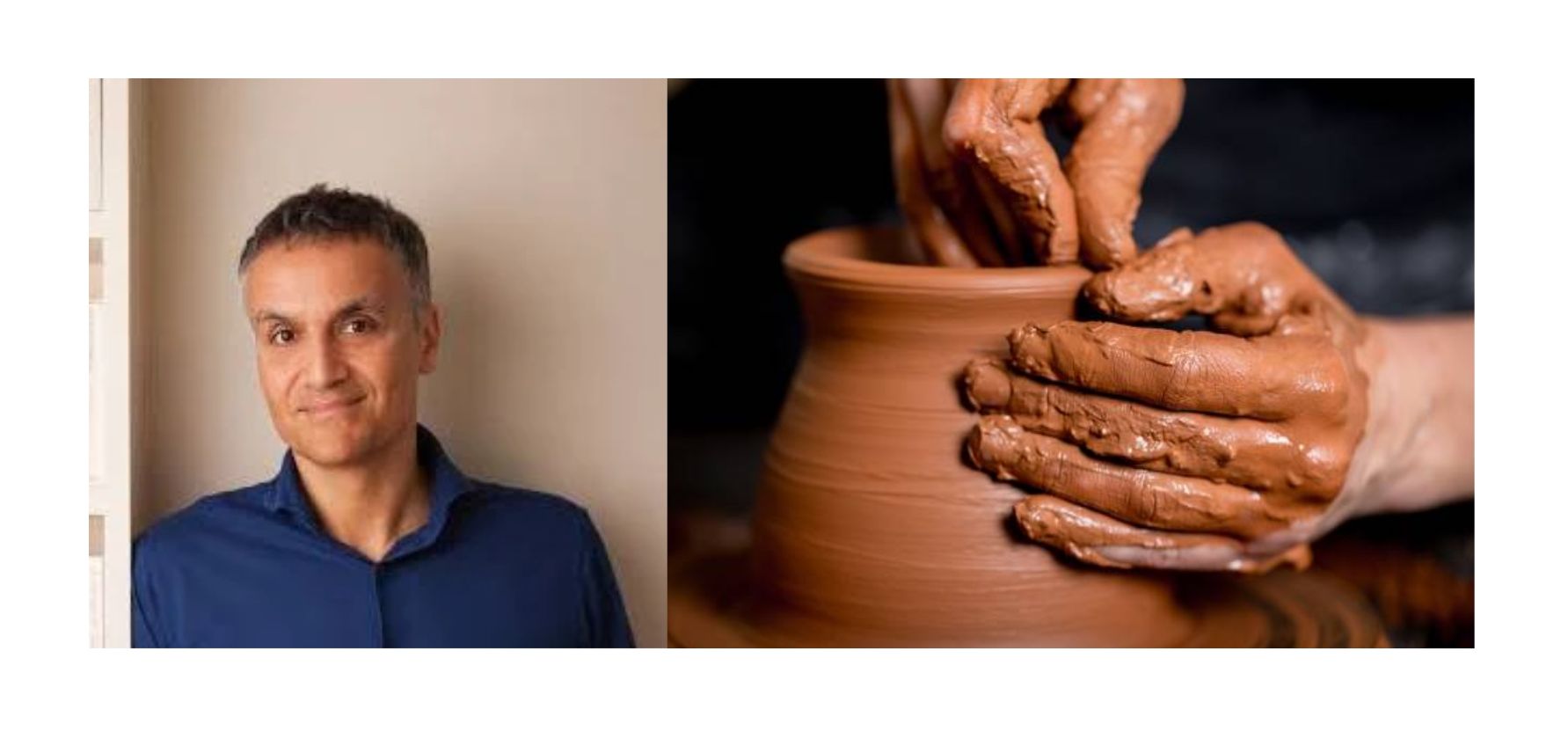 Carl Honoré alongside a close-up of hands shaping clay on a pottery wheel