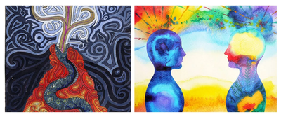 A two-panel image showing Carl Jung's artwork from The Red Book on the left, featuring a stylized volcano and a serpent emitting light against a dark swirling pattern, paired with a vibrant watercolor illustration on the right of two facing human silhouettes connected by bursts of color and floral patterns.