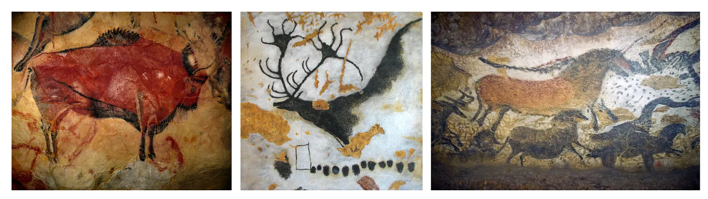 A three-panel collage of prehistoric cave paintings: a red and black bison from the Altamira Cave on the left, a black drawing of a giant Megaloceros deer from Lascaux in the center, and a panel of horses and bison from Lascaux on the right.