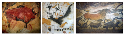 A three-panel collage of prehistoric cave paintings: a red and black bison from the Altamira Cave on the left, a black drawing of a giant Megaloceros deer from Lascaux in the center, and a panel of horses and bison from Lascaux on the right.