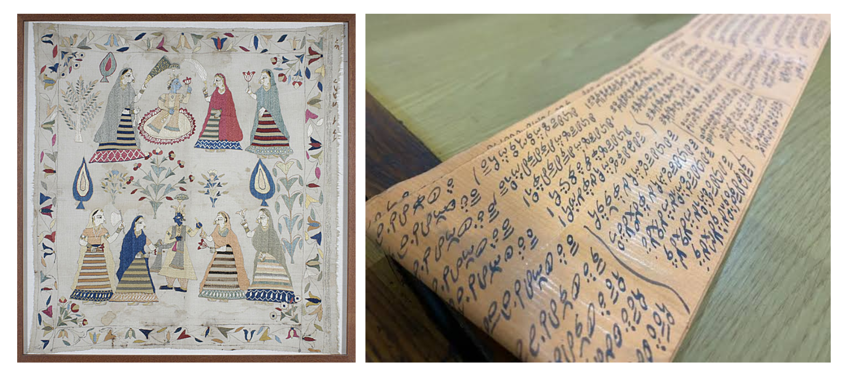 A two-panel image showing traditional northern craft heritages. The left panel shows a framed Chamba Rumal textile featuring double-sided silk embroidery of Krishna and gopis. The right panel is an angled close-up of a long strip of coded Talim script—the traditional written weaving language used by Kashmiri weavers.