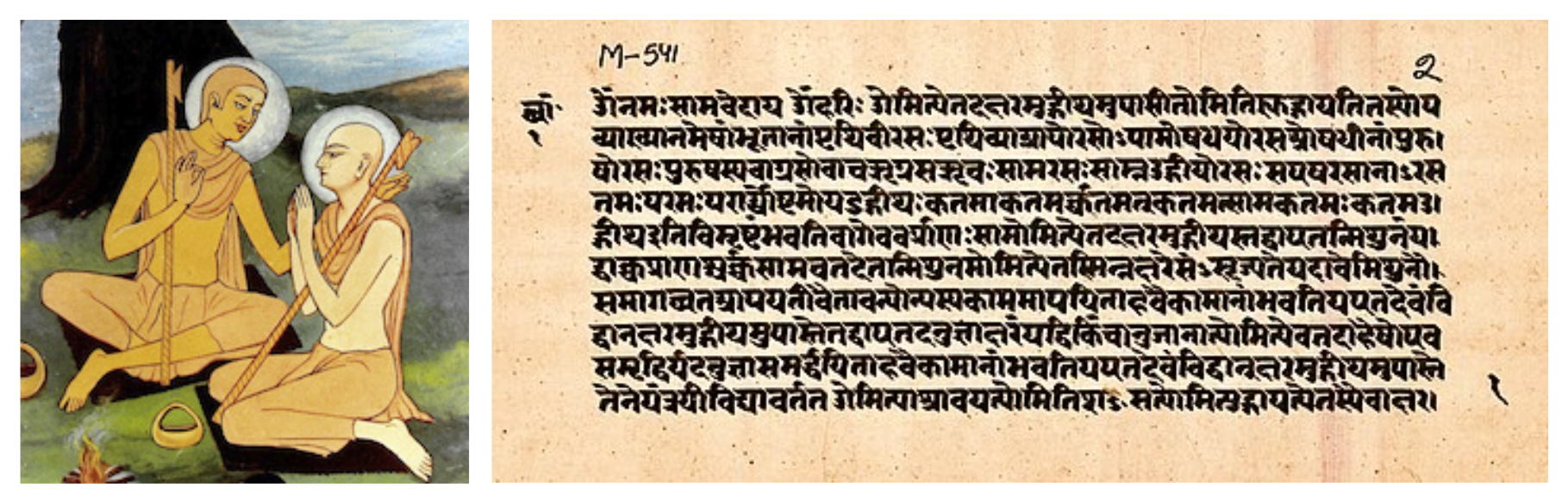 A two-panel image showing ancient Indian educational traditions. The left panel features a traditional miniature painting of a spiritual guru bestowing knowledge upon a seated disciple near a sacred fire. The right panel shows an authentic handwritten Sanskrit manuscript folio inscribed in Devnagari script.