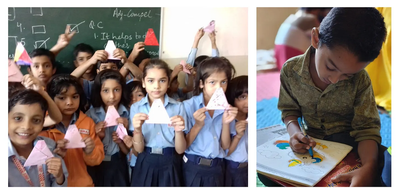 A two-panel image showcasing children engaged in creative art activities. The left panel shows a classroom of smiling Indian school students proudly holding up folded paper triangle origami crafts in front of a blackboard. The right panel shows a young boy sitting on the floor, focused intently on coloring an illustration with a marker pen in his drawing book.A two-panel image showcasing children engaged in creative art activities. The left panel shows a classroom of smiling Indian school students proudly holding up folded paper triangle origami crafts in front of a blackboard. The right panel shows a young boy sitting on the floor, focused intently on coloring an illustration with a marker pen in his drawing book.