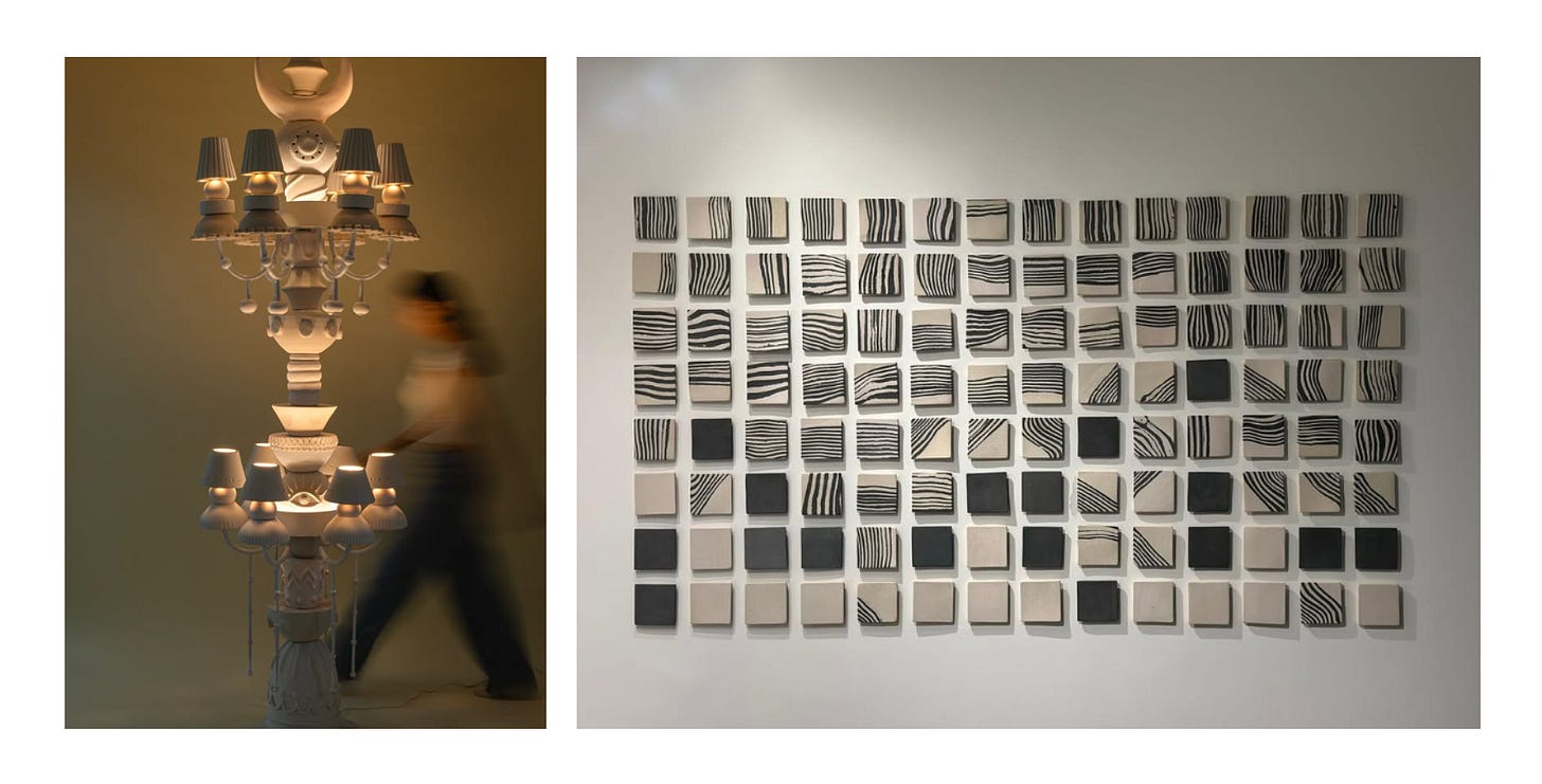 A two-panel artist collage displaying clay art installations by Mumbai-based ceramists: the left panel shows the 7-foot tall white clay Legacy Totem floor lamp by Harshita Jhamtani glowing softly next to a blurred figure walking past; the right panel shows a grid-based wall installation by Rekha Goyal composed of hand-sculpted ceramic tiles decorated with graphic black-and-white striped wave patterns.