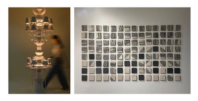 A two-panel artist collage displaying clay art installations by Mumbai-based ceramists: the left panel shows the 7-foot tall white clay Legacy Totem floor lamp by Harshita Jhamtani glowing softly next to a blurred figure walking past; the right panel shows a grid-based wall installation by Rekha Goyal composed of hand-sculpted ceramic tiles decorated with graphic black-and-white striped wave patterns.