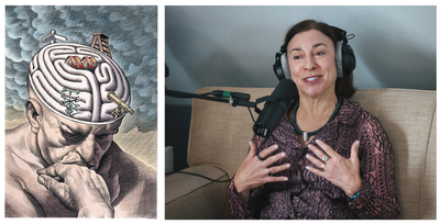 A two-panel image representing cognitive inquiry and media discussion. The left panel features a woodcut-style illustration of a contemplating head with an open top revealing a brain mapped with a compass, telescope, ladder, and DNA strand under a cloudy sky. The right panel shows psychologist and author Dr. Gloria Mark wearing over-ear headphones while sitting on a couch and gesturing expressively as she speaks into a studio podcast microphone.