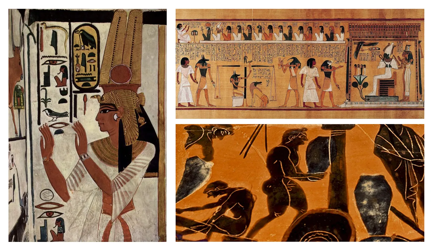 A three-panel collage of ancient artwork featuring a vertical portrait of Queen Nefertari in a traditional headdress with hieroglyphics on the left, paired on the right with an Egyptian papyrus painting of the Weighing of the Heart ritual at the top and a close-up of an ancient Greek terracotta vase painting of craftsmen at the bottom.
