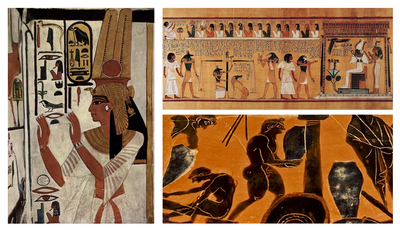 A three-panel collage of ancient artwork featuring a vertical portrait of Queen Nefertari in a traditional headdress with hieroglyphics on the left, paired on the right with an Egyptian papyrus painting of the Weighing of the Heart ritual at the top and a close-up of an ancient Greek terracotta vase painting of craftsmen at the bottom.