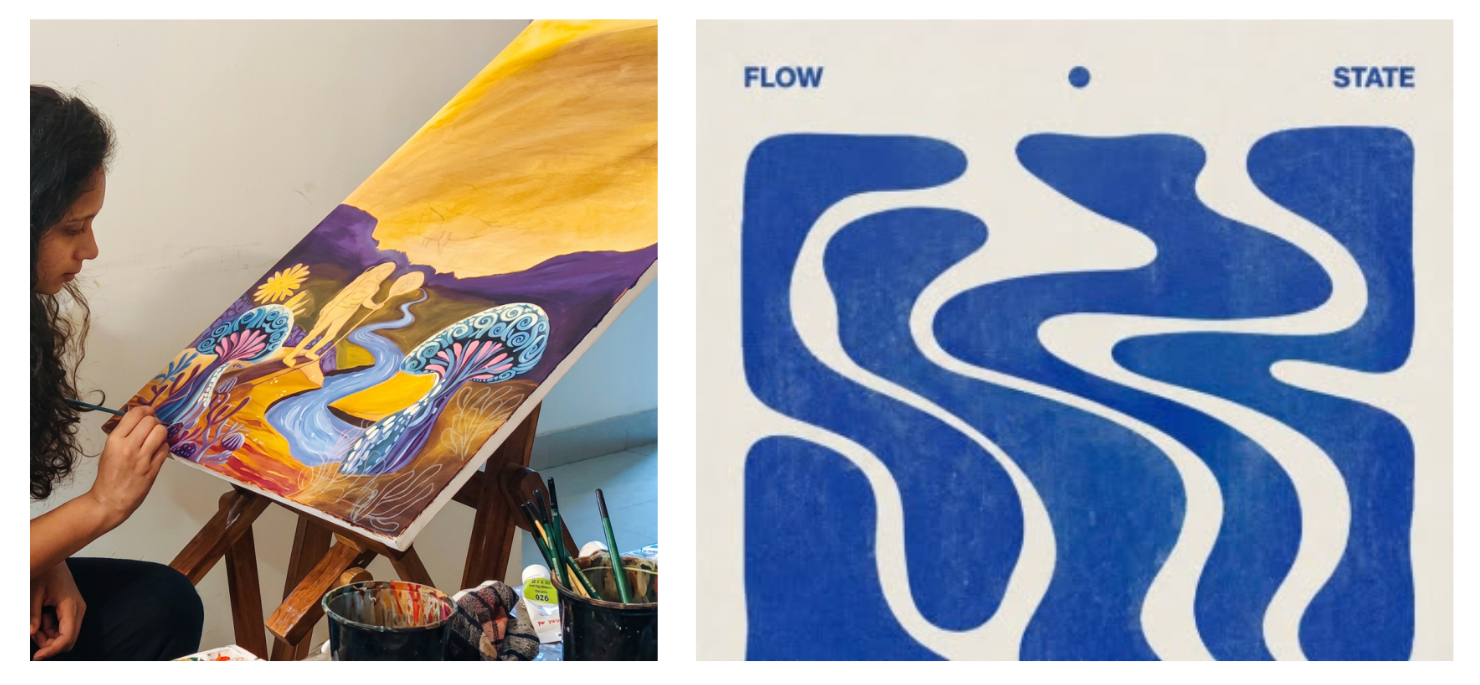 A two-panel image representing creative focus and the artistic flow state. The left panel shows a female artist sitting at an easel, carefully applying brushstrokes to a vibrant, surreal landscape painting. The right panel shows a minimalist graphic art print featuring wavy blue organic streams with the words "FLOW STATE" written at the top.