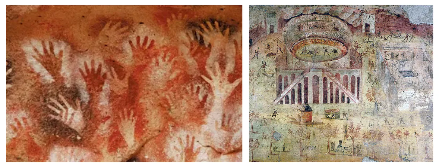 A two-panel image showing prehistoric cave paintings with red and white hand stencils on the left, side-by-side with an ancient Roman fresco depicting a brawl at the Amphitheatre of Pompeii on the right.
