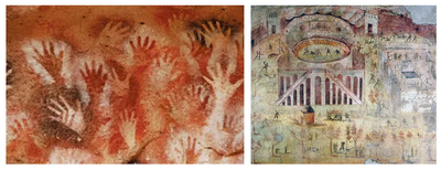 A two-panel image showing prehistoric cave paintings with red and white hand stencils on the left, side-by-side with an ancient Roman fresco depicting a brawl at the Amphitheatre of Pompeii on the right.