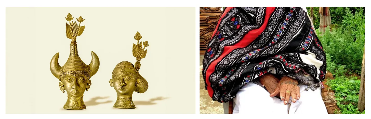 A two-panel image showing tribal craft traditions of India. On the left, two handcrafted brass Dhokra metal sculptures of human heads with traditional horned and floral headgear. On the right, a close-up of a Toda elder wearing a heavily hand-embroidered black, red, and white shawl (Pukhoor) over their lap.