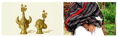 A two-panel image showing tribal craft traditions of India. On the left, two handcrafted brass Dhokra metal sculptures of human heads with traditional horned and floral headgear. On the right, a close-up of a Toda elder wearing a heavily hand-embroidered black, red, and white shawl (Pukhoor) over their lap.