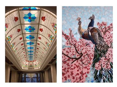 A two-panel image collage celebrating glass artistry: the left panel shows a perspective view looking up at a grand, barrel-vaulted stained-glass ceiling featuring blue star geometries and floral motifs by Bengaluru-based artist Asad; the right panel shows an intricate mosaic glass wall art panel depicting two peacocks perched on cherry blossom branches against a light blue tiled sky by Pune-based artist Apoorva