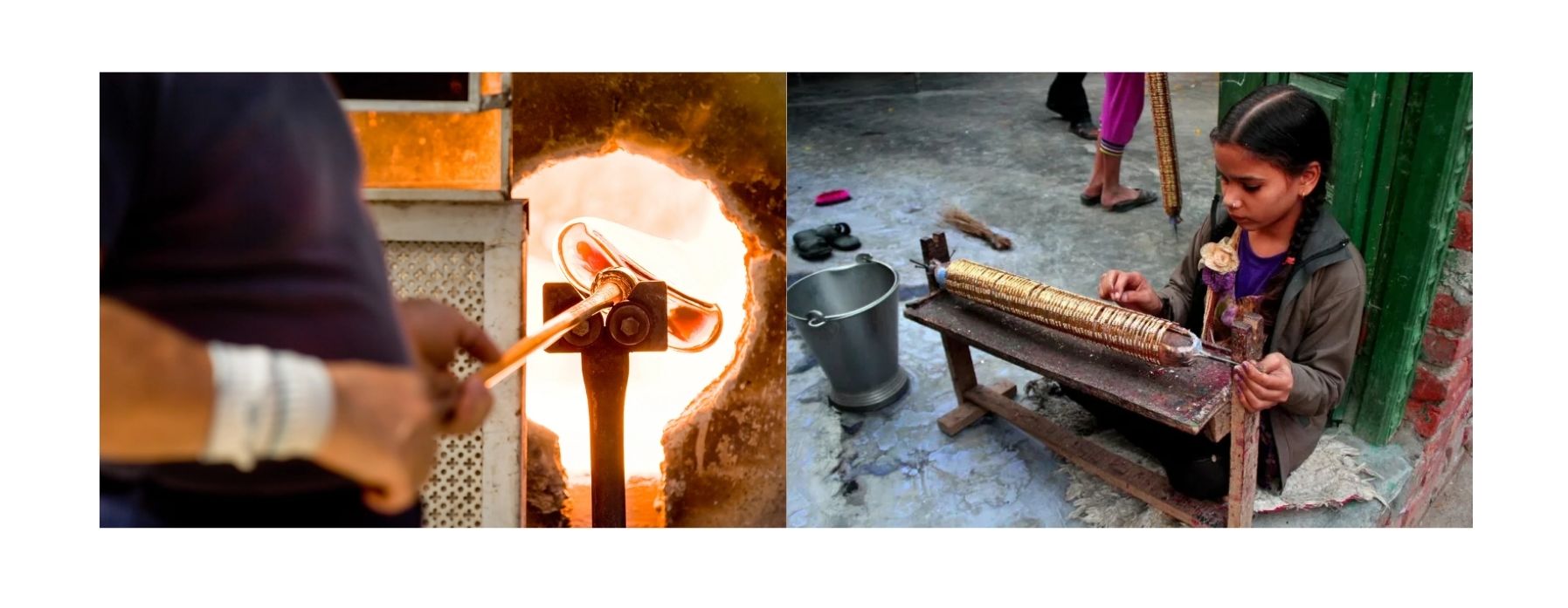 Glass blowing in Firozabad, showing an artisan shaping molten glass using traditional techniques.