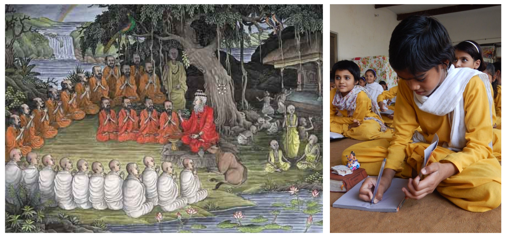 A two-panel image representing traditional and modern Indian learning environments. The left panel shows a classic Indian painting of a guru sitting under a sacred banyan tree surrounded by rows of disciples in traditional attire. The right panel shows young Indian students in yellow uniforms sitting cross-legged on the floor, focused intently on writing in their notebooks.