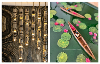 A two-panel artist collage displaying distinct structural and miniature artworks: the left panel shows a series of modern, ceramic beaded pendant lights with black geometric patterns hanging against a swirled marble backdrop by Mumbai-based artist Harshita Jhamtani; the right panel shows a top-down view of a miniature resin artwork featuring wooden boats navigating through lotus pads and pink flowers in deep green water by Bengaluru-based artist Richa (Richa Chandrawanshi Arts).