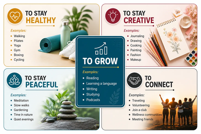 Five-part wellness infographic outlining activities to stay healthy, stay creative, stay peaceful, connect with others, and grow personally.