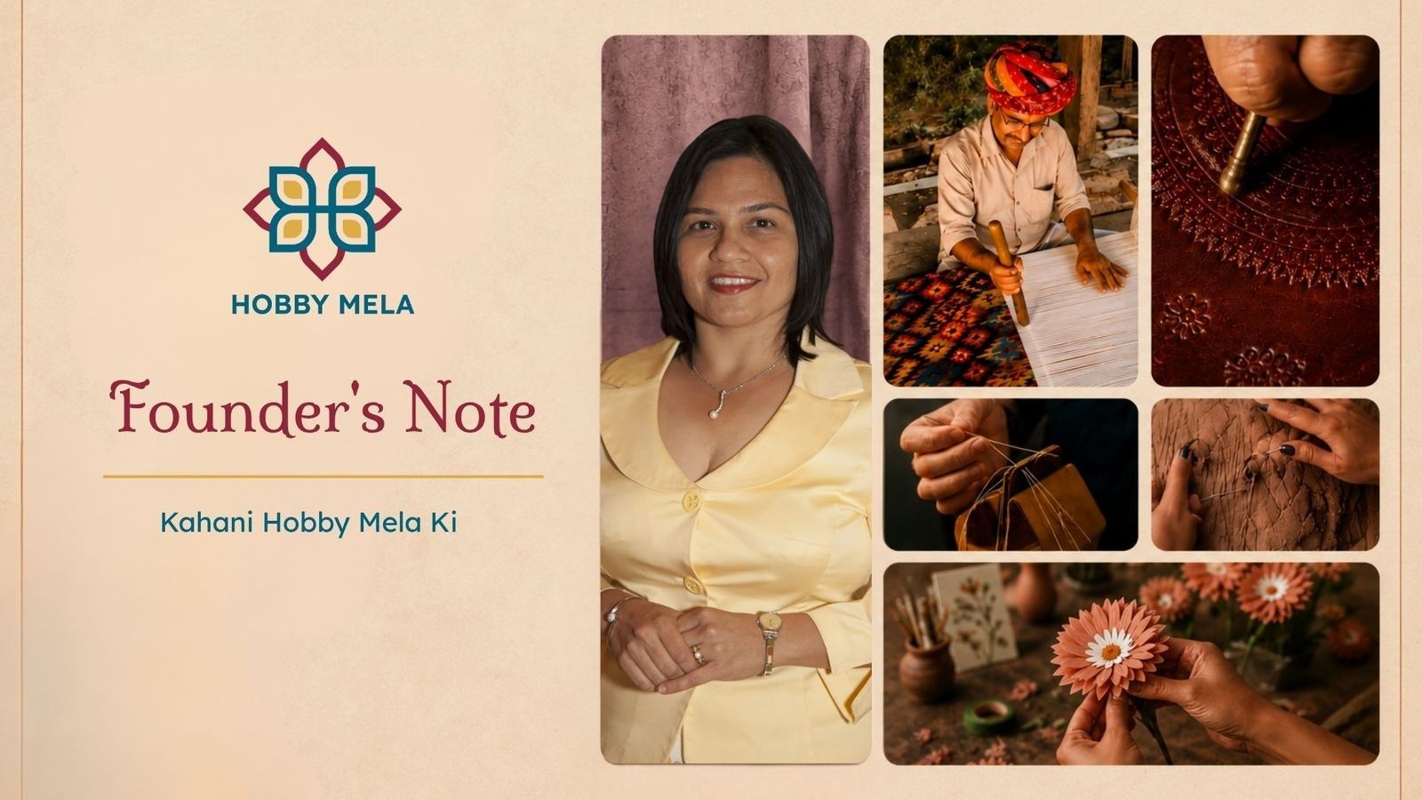 HobbyMela founder with a collage of handmade craft and artisan-making images