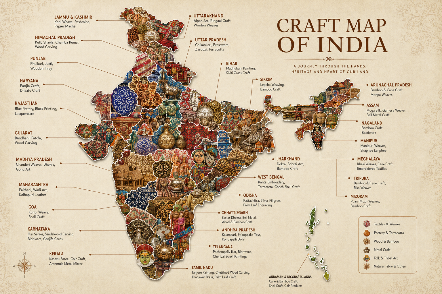 An illustrated "Craft Map of India" showing the geographical outline of India filled with a vibrant mosaic collage of traditional regional art, textiles, metalwork, and pottery. Labels pinpoint every state alongside their iconic traditional crafts, such as Pashmina in Jammu & Kashmir, Blue Pottery in Rajasthan, Madhubani in Bihar, and Aranmula Metal Mirror in Kerala.