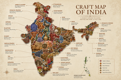 An illustrated "Craft Map of India" showing the geographical outline of India filled with a vibrant mosaic collage of traditional regional art, textiles, metalwork, and pottery. Labels pinpoint every state alongside their iconic traditional crafts, such as Pashmina in Jammu & Kashmir, Blue Pottery in Rajasthan, Madhubani in Bihar, and Aranmula Metal Mirror in Kerala.