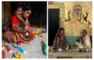 A two-panel documentary-style collage showcasing traditional Indian folk craft heritage: the left panel shows a female artisan in Bengal hand-painting colorful traditional wooden dolls (* কাঠের পুতুল / Kalighat wooden toys*) with her young child resting on her back; the right panel shows traditional Pattachitra artisans sitting outside a village house in Odisha surrounded by hand-painted deity murals of Lord Jagannath and Goddess Kali as they prepare handmade craft items.