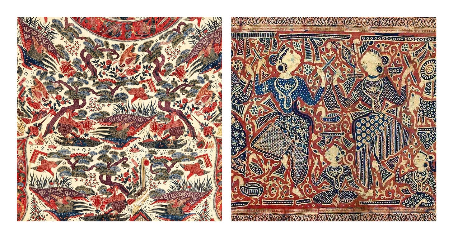 Two historic Indian cotton textiles displayed side by side. One features elaborate floral and bird motifs, while the other depicts stylized human figures and intricate patterns, illustrating the artistic mastery of Indian hand-painted and block-printed fabrics.