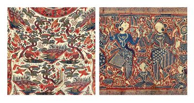 Two historic Indian cotton textiles displayed side by side. One features elaborate floral and bird motifs, while the other depicts stylized human figures and intricate patterns, illustrating the artistic mastery of Indian hand-painted and block-printed fabrics.