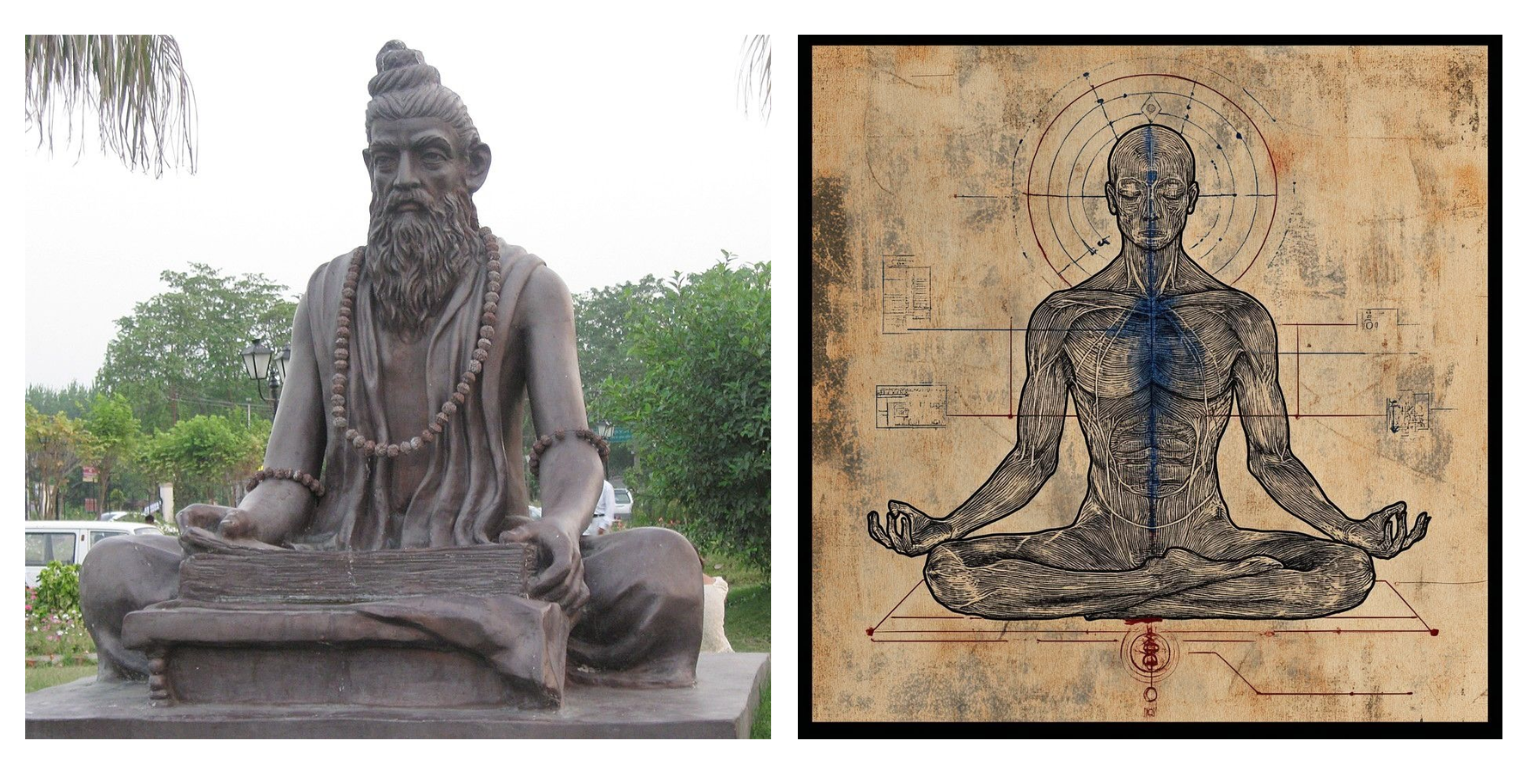 A two-panel image representing ancient yoga philosophy and human anatomy. The left panel shows a bronze statue of the ancient sage Maharishi Patanjali sitting in a seated meditative posture with rudraksha beads around his neck. The right panel displays a vintage-style anatomical illustration of a figure in lotus posture (Padmasana), overlaid with geometric alignment lines and energy points reminiscent of Da Vinci's Vitruvian Man.