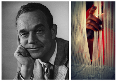 A two-panel image connecting ecological psychology with physical craft. The left panel shows a classic black-and-white portrait of pioneer cognitive psychologist James J. Gibson resting his chin thoughtfully on his hand. The right panel shows a close-up, dramatic shot of an artisan's hand reaching through vertical white warp threads on a loom, directly interacting with the physical tool and material environment.