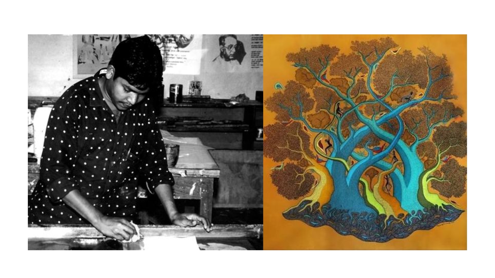 Two images of Jangarh Singh Shyam: a black-and-white photograph of him working at a table alongside a colorful Gond-style painting featuring a large tree with intricate blue, green, and earthy patterns.