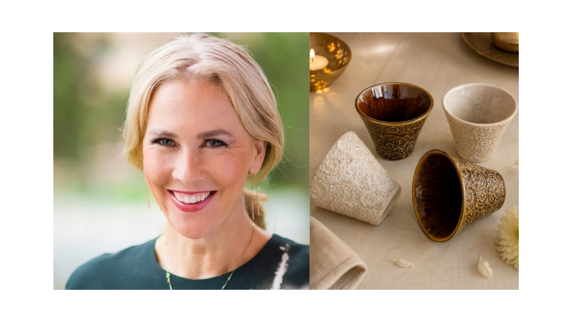 Jennifer Aaker portrait alongside handmade ceramic objects illustrating the role of storytelling in creating value