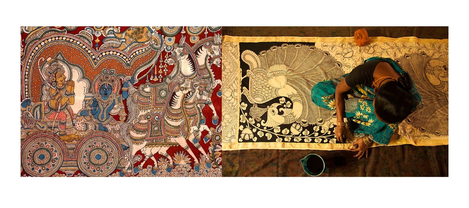 Kalamkari artwork from Andhra Pradesh featuring intricate hand-painted traditional motifs on fabric