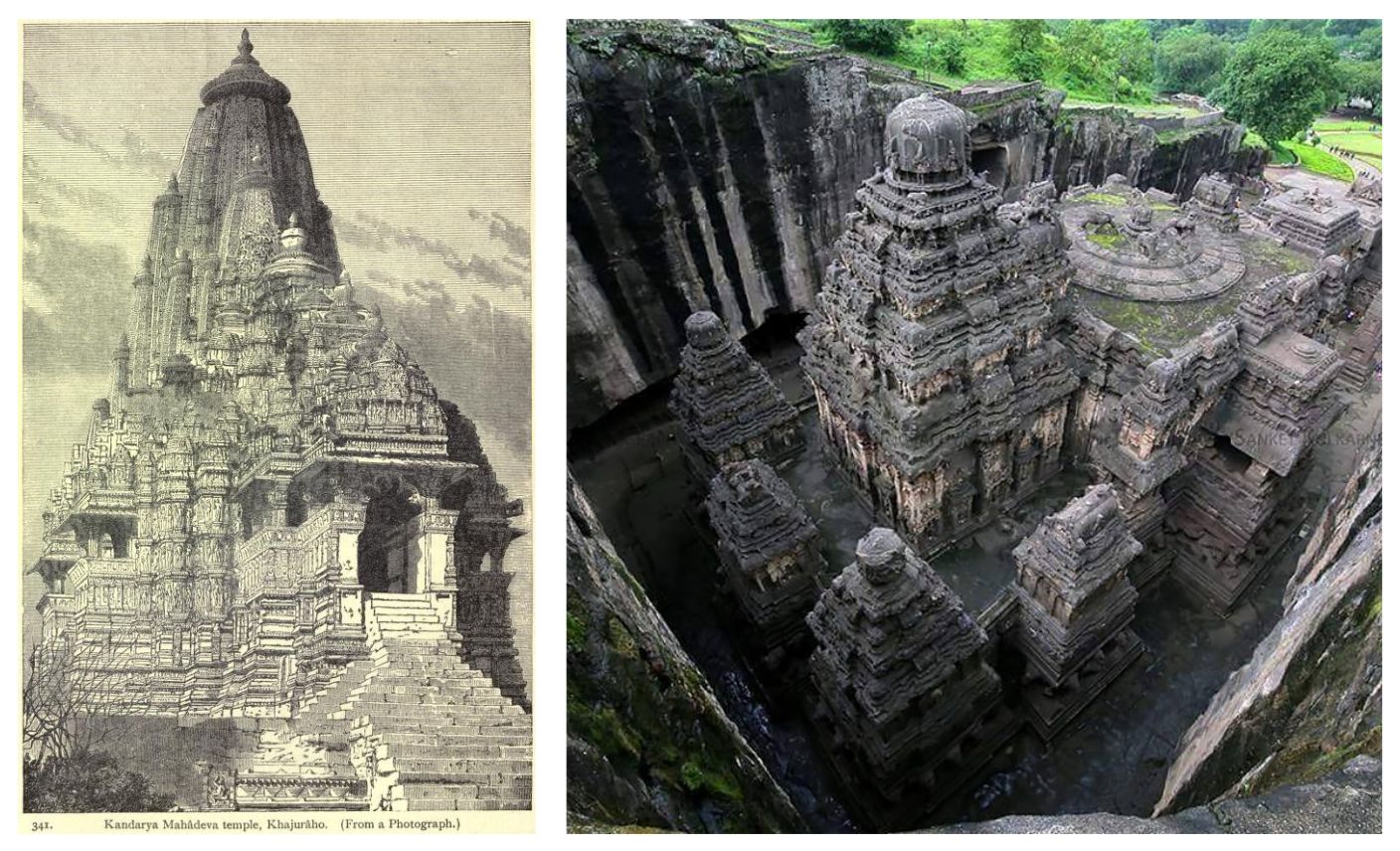 A two-panel image showcasing ancient Indian architectural marvels. The left panel shows a vintage black-and-white sketch of the Kandariya Mahadeva Temple in Khajuraho built in the Nagara style. The right panel shows an aerial photograph of the rock-cut Kailasa Temple at Ellora, carved top-down out of a single basalt cliff face in the Dravidian style.