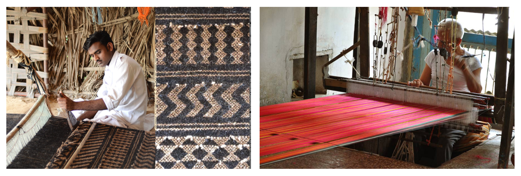 A two-panel image showing handloom textile crafts from Gujarat. The left panel shows a weaver sitting at a pit loom crafting a coarse black-and-beige geometric Kharad rug, along with a close-up of the woven texture. The right panel shows an elderly weaver working at a traditional handloom with vibrant pink and orange striped Mashru silk-cotton fabric stretched across the frame.