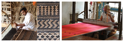 A two-panel image showing handloom textile crafts from Gujarat. The left panel shows a weaver sitting at a pit loom crafting a coarse black-and-beige geometric Kharad rug, along with a close-up of the woven texture. The right panel shows an elderly weaver working at a traditional handloom with vibrant pink and orange striped Mashru silk-cotton fabric stretched across the frame.