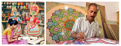 A two-panel image showcasing artisans at work on traditional Indian crafts. The left panel shows a female artisan in Andhra Pradesh assembling lightweight wooden Kondapalli toys, surrounded by brightly painted traditional dance figurines. The right panel shows a Kashmiri craftsman in his workshop painting delicate floral patterns onto a surface in the style of Kashmir Papier-Mâché, with a vibrant mandala design in the background.
